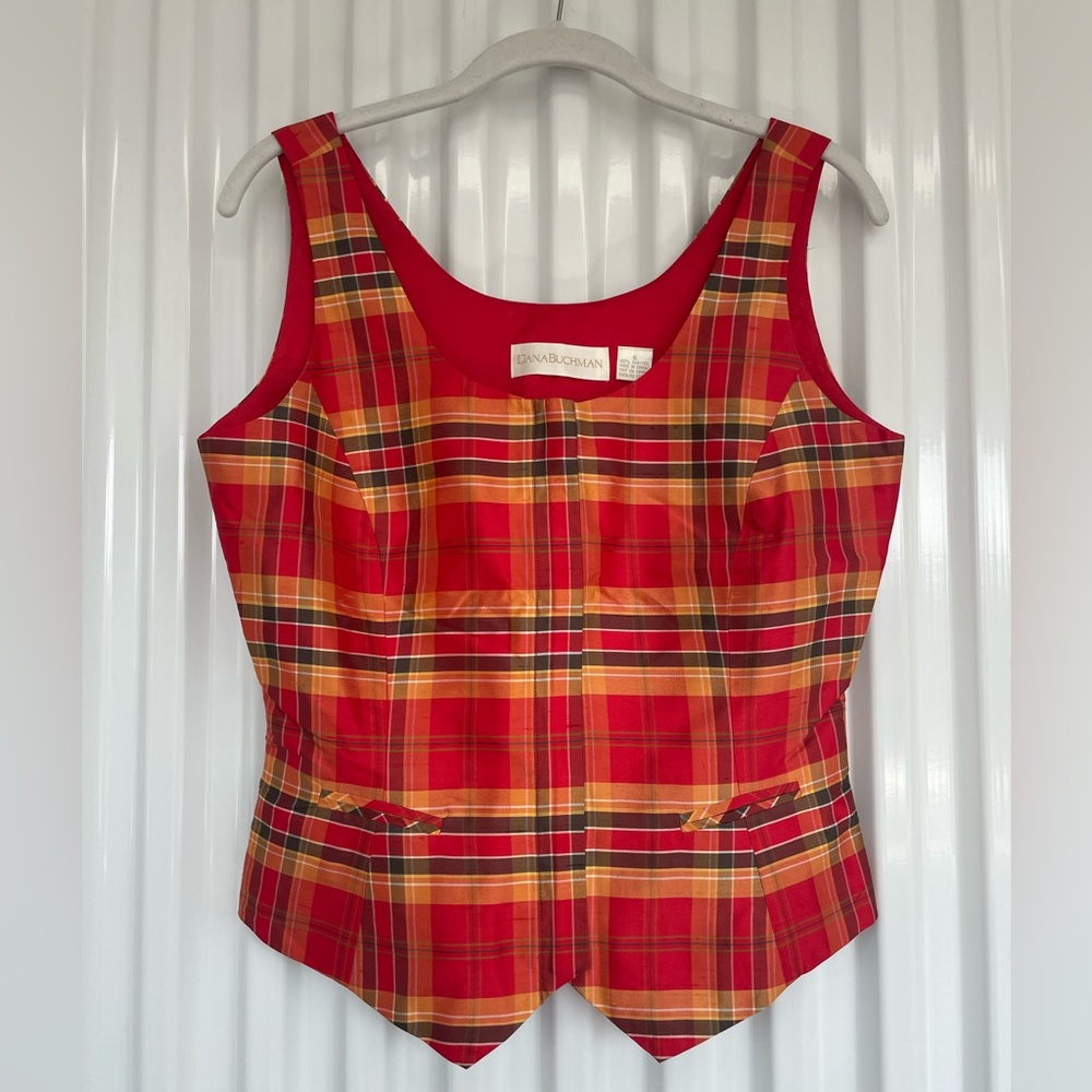 Vintage Dana Buchman Red and Yellow Plaid Sleeveless Top